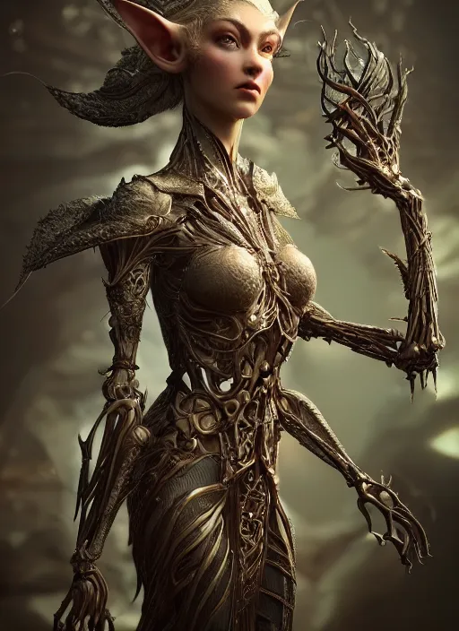 Image similar to beautiful biomechanical impish elven incredible hair, masterpiece crystalline incrustations, hyperdetailed face, elegant pose, movie still, intricate, octane render, cinematic lighting, cgsociety, unreal engine,