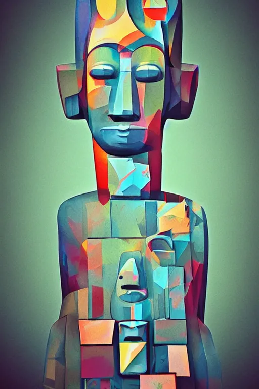 Image similar to cubist moai statue cutout digital illustration cartoon colorful beeple