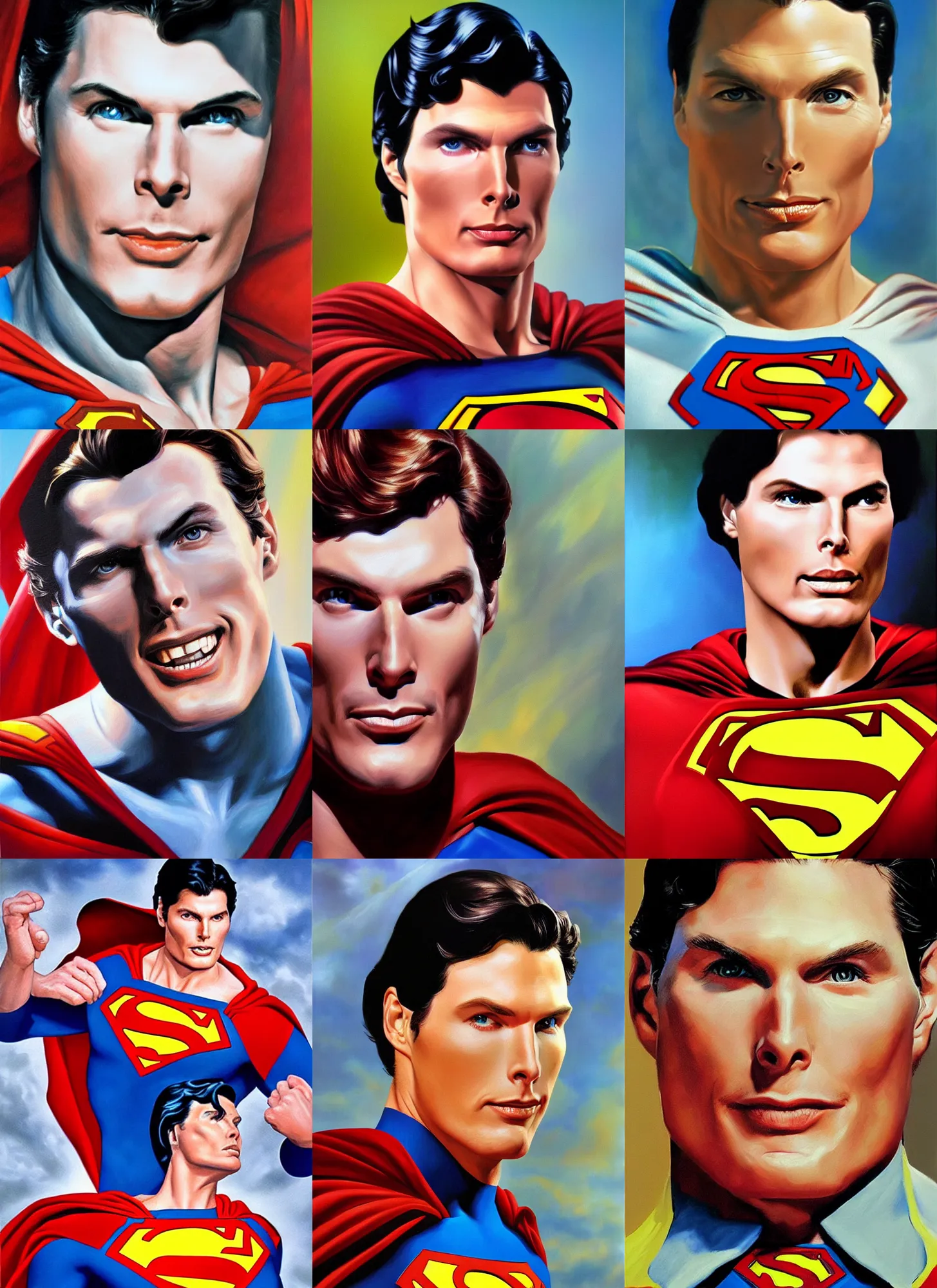 Prompt: dynamic macro head portrait of hyperrealistic christopher reeve wearing superman costume, painting by alex ross, oil painting photo real