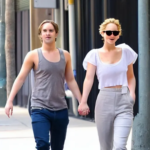 Image similar to Jennifer Lawrence and Jennifer Lawrence walking down the street, holding hands, smiling, soft focus, medium shot,