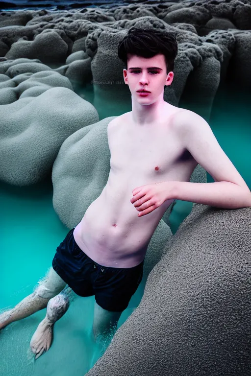 Image similar to high quality pastel coloured film mid angle docu photograph of a beautiful young 2 0 year old male, soft features, short black hair, clothed and painting an icelandic black rock pool environment. atmospheric. three point light. photographic. art directed. ( pastel colours ). volumetric light. clearcoat. waves glitch. 8 k. filmic.