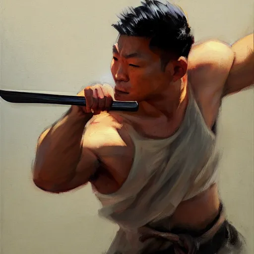 Image similar to greg manchess portrait of a filipino mma fighter charging with a sword, organic painting, sunny day, matte painting, bold shapes, hard edges, street art, trending on artstation, by huang guangjian, gil elvgren, ruan jia, randy vargas, greg rutkowski