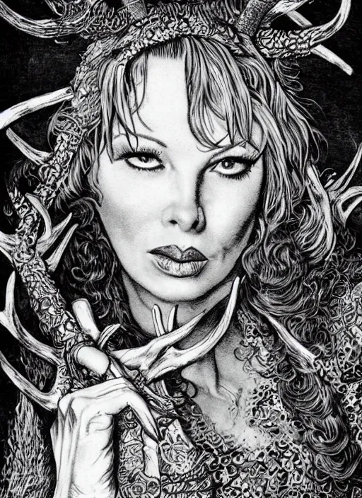 Prompt: portrait of traci lords as a druid with antlers, D&D, fantasy pen and ink by virgil finlay, trending on artstation, HD, intricate, masterpiece, concept art, character design