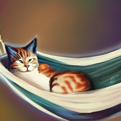 Image similar to a cat sleeping in a hammock, digital painting, ultradetailed, artstation, oil painting, ultradetailed, artstation