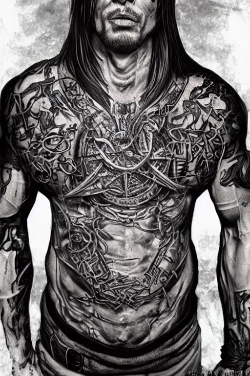 Image similar to Photorealistic frontal standing pose portrait of a muscular man chest and torso heavily tattooed with Elvish runes, letters and symbols, all his skin is covered by tattoos, from face to neck to toe, surrounded by magic lightings overlays, Intricate, concept art, magic lighting overlays, magical portal opened, D&D!, fantasy style, sharp focus!, ultra detailed, art by Artgerm and Peter Andrew Jones, WLUP, Magali Villeneuve