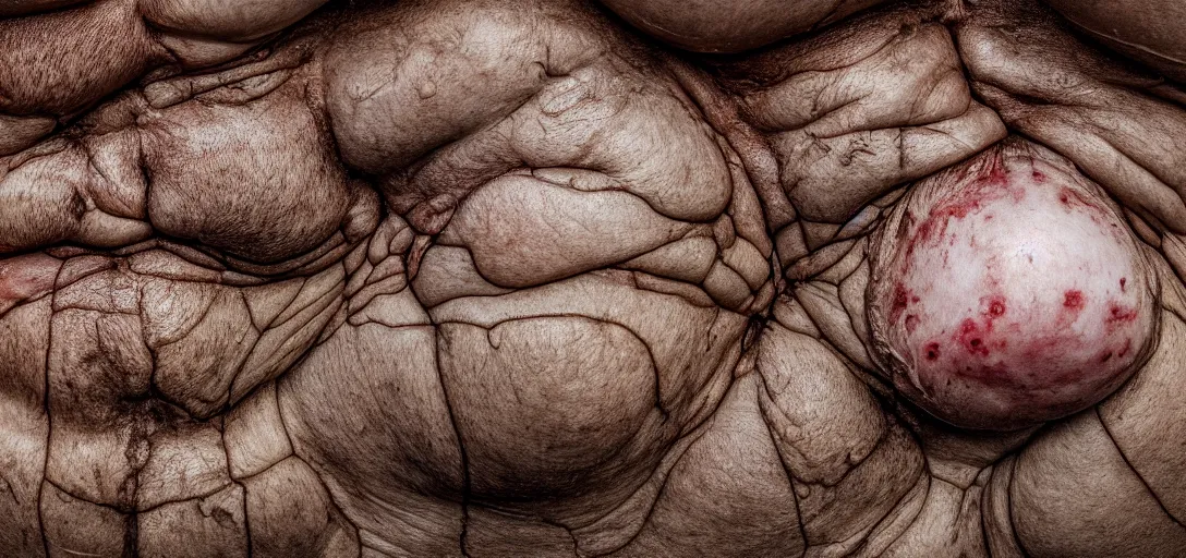 Image similar to a landscape photograph of a world made of greasy skin, folds of belly flab, skin, veins, bruises, scabs, warts, acne, highly detailed, wide angle lens, depth of field, DSLR, distance fog, even lighting, hdri