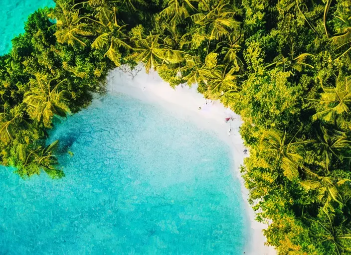 Prompt: aerial view of a beautiful beach with tropical trees, sunny day, cinematic, beautiful light