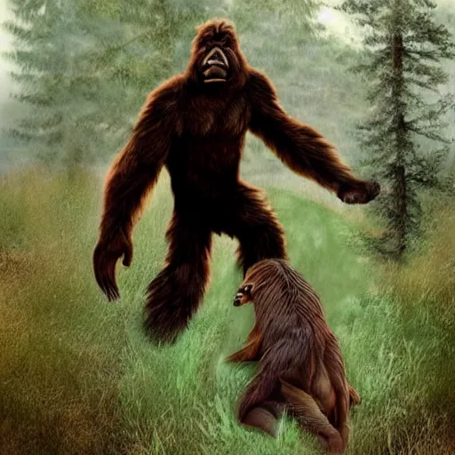 Image similar to bigfoot monster killer attack against a deer