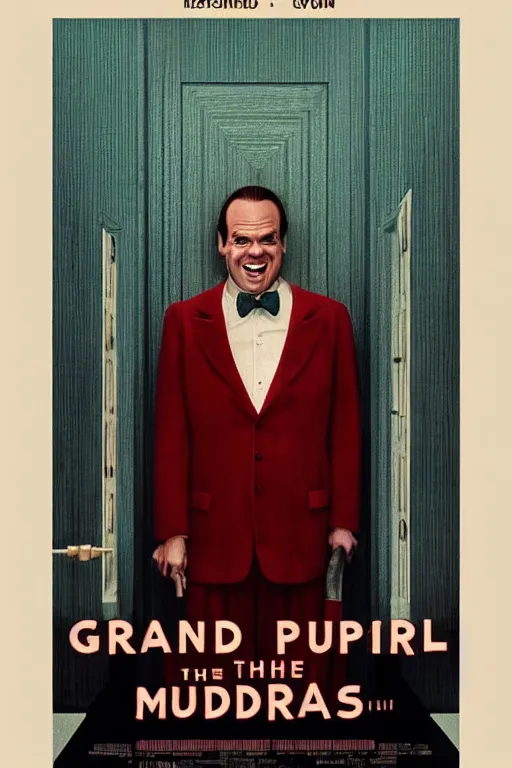 Image similar to a movie poster for the film the shining in the style of the grand budapest hotel featuring one grinning jack nicholson and an axe.