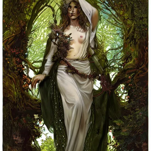 Image similar to a woman druid wearing leaf and vine themed clothing, fully clothed, pet animal, D&D, fantasy, intricate, cinematic lighting, highly detailed, digital painting, artstation, concept art, smooth, sharp focus, illustration, art by Artgerm and Greg Rutkowski and Alphonse Mucha, subject in the middle of the frame