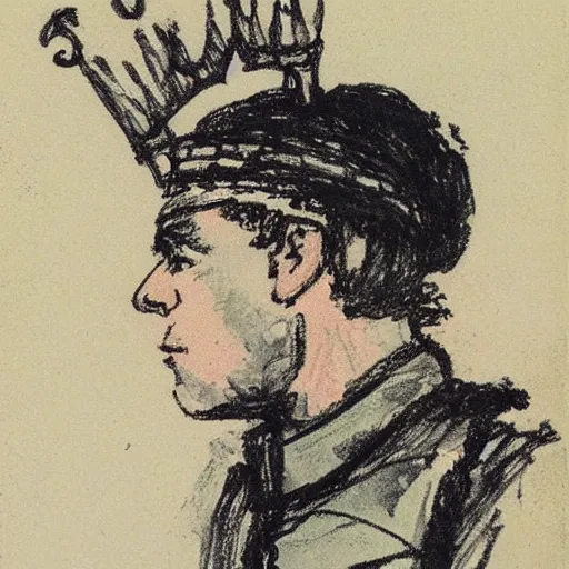 Prompt: soldier wearing a tutu and a crown drawn by monet