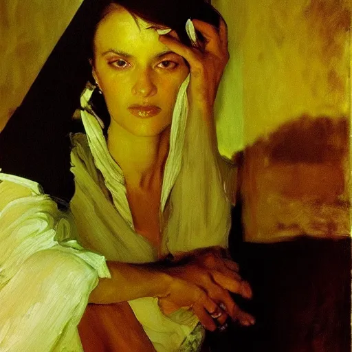 Image similar to a stunning masterful portrait of a confident arab woman with perfect hair by andrew wyeth, john singer sargent, and norman rockwell, natural light, oil painting, ethereal, wong kar wai, strong brushwork