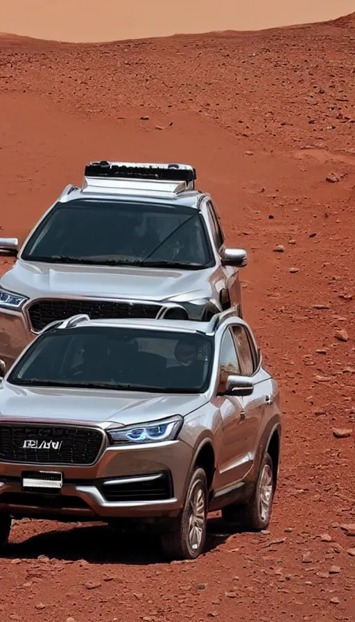 Image similar to haval h9 on mars the terminator sits behind the wheel