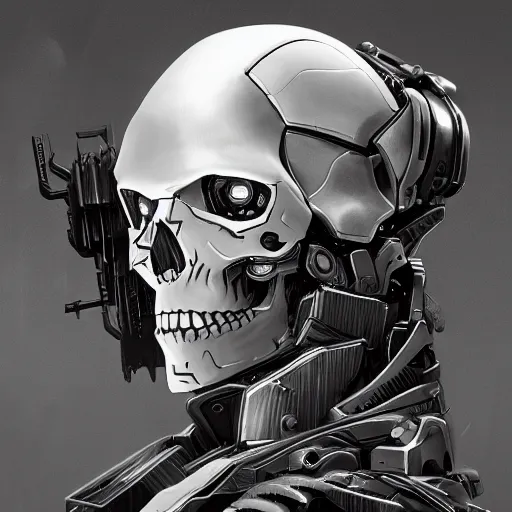 Image similar to black and white cyberpunk style dark bio metal skull, mecha hard-surface, cyberpunk, hyperrealistic, cinematic, unreal engine, 3D, 8K, imagined by Ash Thorp, Tsutomu Nihei, Ghost In The Shell, Akira