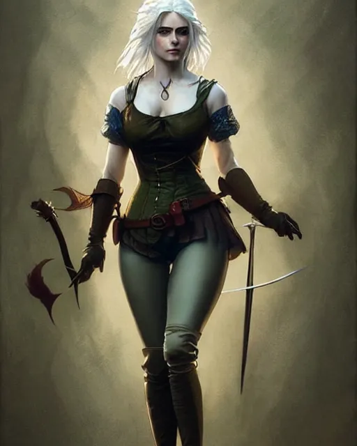 Image similar to Pre-Raphaelite Ciri from Witcher 3 by Artgerm and Greg Rutkowski, sharp focus, full body, intricate, elegant, highly detailed, digital painting, pale