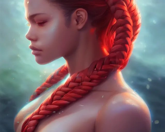 Prompt: beautiful portrait of Nami, bikini, red braided hair, by charlie bowater, ross tran, artgerm, and makoto shinkai, detailed, soft lighting, rendered in octane