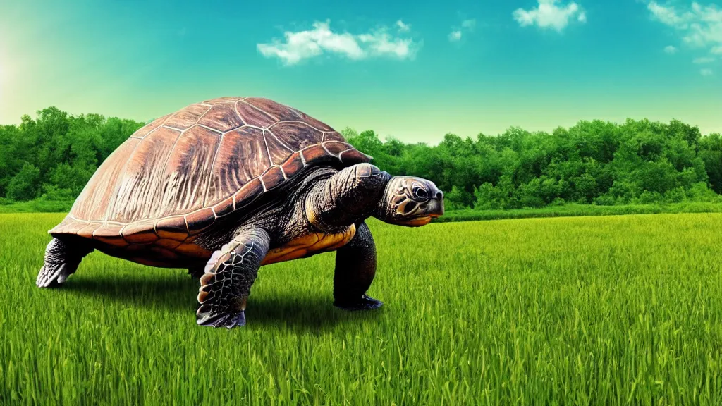 Image similar to Giant turtle with a city on it's back, walking through an open field, forest visible in the background