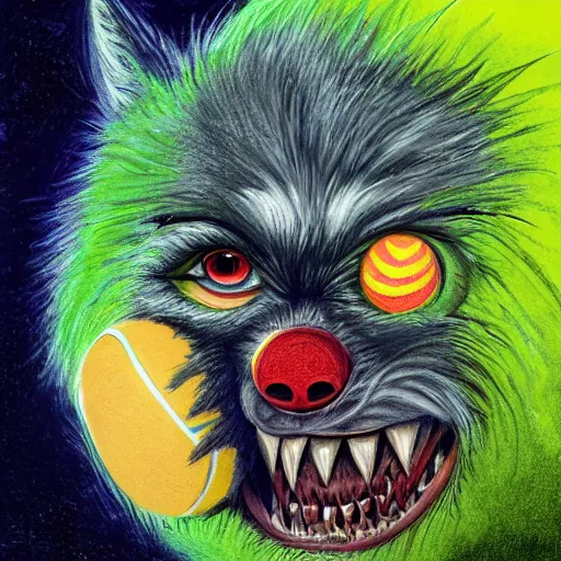 Prompt: a tennis ball monster, wolf, werewolf, star wolf, digital art, fantasy, magic, chalk, trending on artstation, ultra detailed, professional illustration by basil gogos