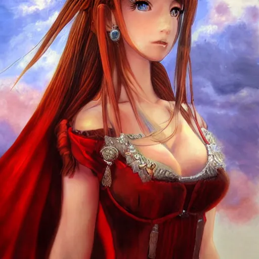 Prompt: oil painted portrait of aerith gainsborough from from final fantasy 7 in her signature red dress with the steam punk city midgard as backdrop, by master artist yoshitaka amano trending on artstation