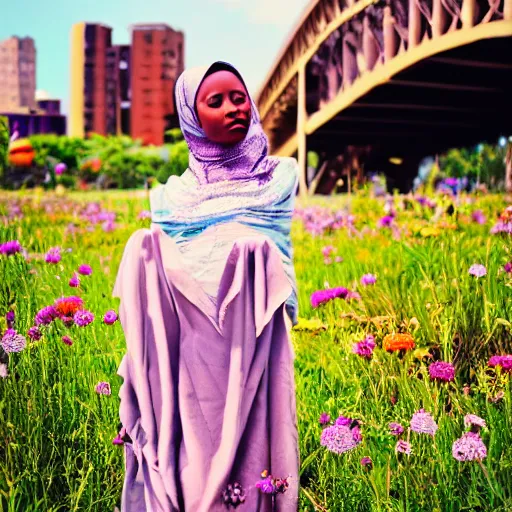 Image similar to somali friends, vintage, field of flowers, city bridge, beautiful, happy, dreamy, pastel, highly detailed, detailed faces, high focus, dreamy, pastel