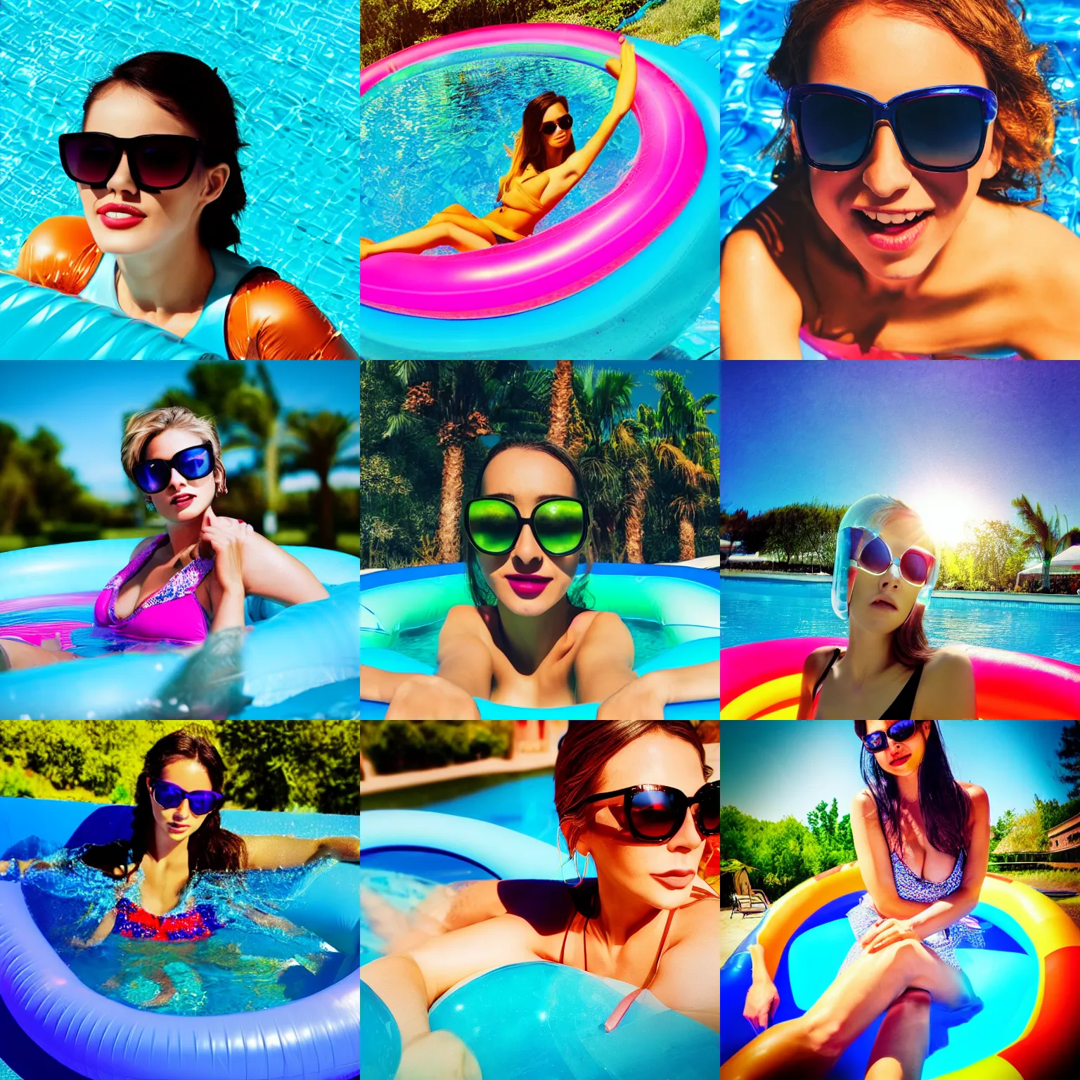 Prompt: HDR Iphone photo of an elegant woman with sunglasses in an inflatable pool, vivid colors, bokeh