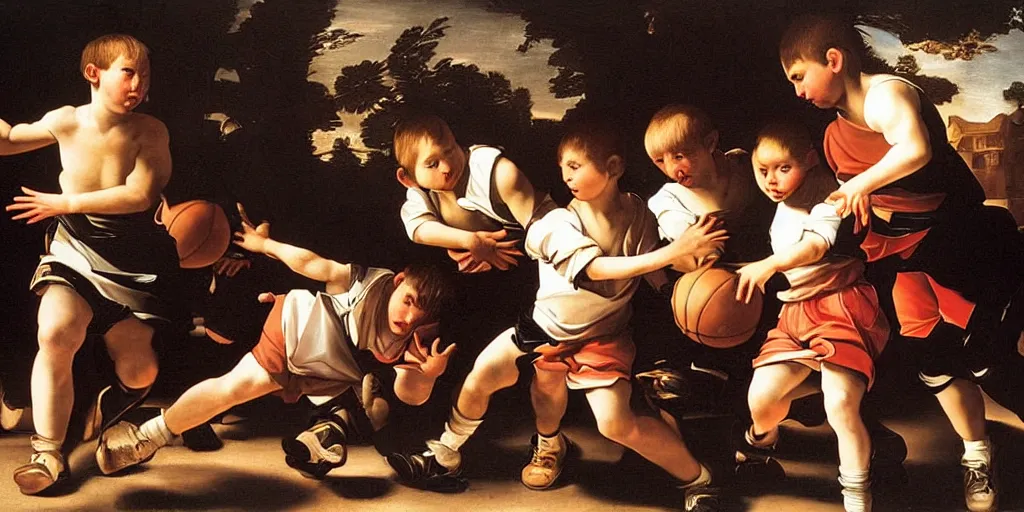 Image similar to beautifully detailed baroque oil painting of kids in the 90s playing basketball by caravaggio