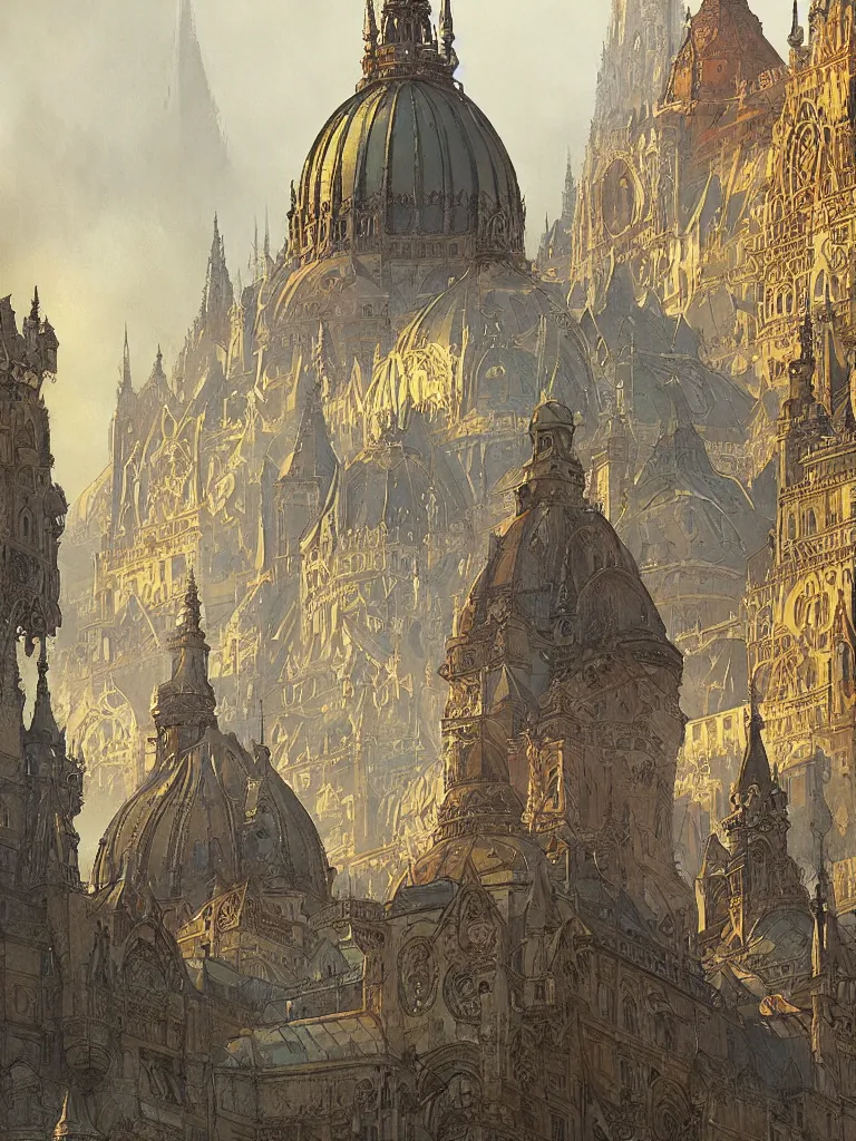 Image similar to a dome - covered city resembling budapest or paris, intricate, elegant, highly detailed, digital painting, artstation, concept art, smooth, sharp focus, colored illustration for tattoo, art by krenz cushart and artem demura and alphonse mucha,