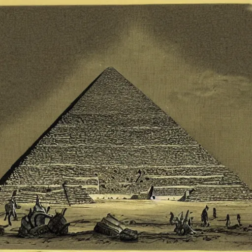 Prompt: an old journal page with a rich illustration of aliens building the Great Pyramid of Giza