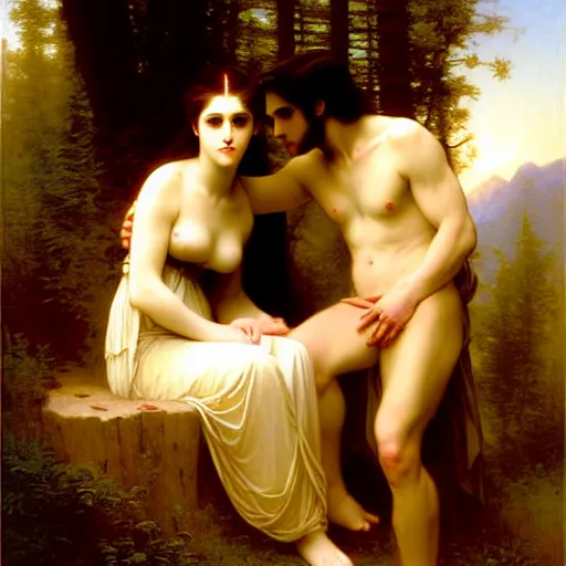 Image similar to twilight portrait of edward and bella in ancient forest by william - adolphe bouguereau in the style of gaston bussiere, art nouveau