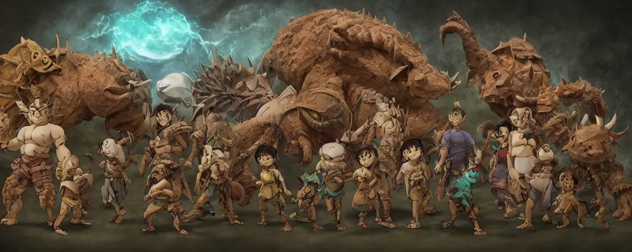 Image similar to ancient javanese cyborg Nidoking (Pokémon) family portrait,Hayao Miyazaki\'s movies,Studio Ghibli\'s mastery of color grading and detail,insanely detailed and intricate,realistic octane 3D,hyper realistic,complex scene,golden Ratio,ArtStation,UHQ,hires textures,detailed real expression on every face,dnd art,mtg art,dramatic,breathtaking maximalist painting by Bouguereau and Gurney
