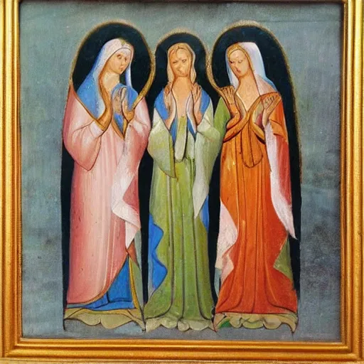 Prompt: religious painting of 3 women at a tomb. two angels in the background