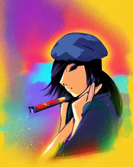 Image similar to girl with beret smoking a cigarette, colored manga panel, drawn by Anton Fadeev