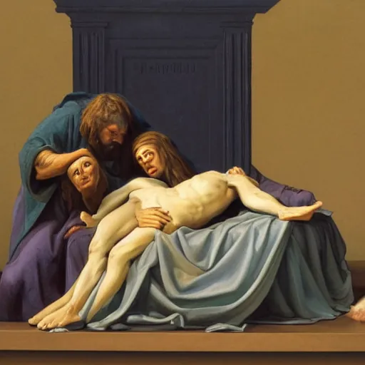 Image similar to a detailed oil painting of The Pieta, by Cravaggio but performed by rabbits