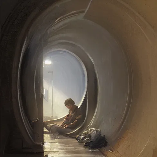 Image similar to epic masterpiece of cinematographic hyperrealism where a worried teenager with depression appears in a tunnel. realistic shaded lighting poster by craig mallismo, artgerm, jeremy lipkin and michael garmash, unreal engine, radiant light, detailed and intricate environment, digital art, art station trends