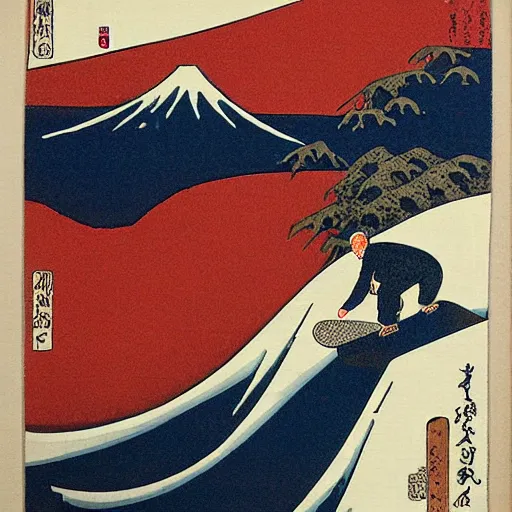 Image similar to man snowboarding woodblock print, style of hokusai, fine art, style of kanagawa, painting