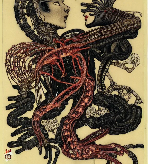 Prompt: still frame from Prometheus by giger by utagawa kuniyoshi, crimson filament mycelium cybernetic harvest goddess in dress designed by Neri Oxman and alexander mcqueen, metal couture haute couture editorial