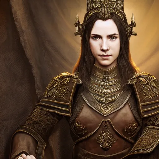 Image similar to the elder scrolls vi, charismatic!!! regal!!! brunette female jarl, portrait, throne room, atmospheric lighting, painted, intricate, volumetric lighting, beautiful, daytime, sunny weather, slight overcast, sharp focus, deep colours, ultra detailed, by leesha hannigan, ross tran, thierry doizon, kai carpenter, ignacio fernandez rios