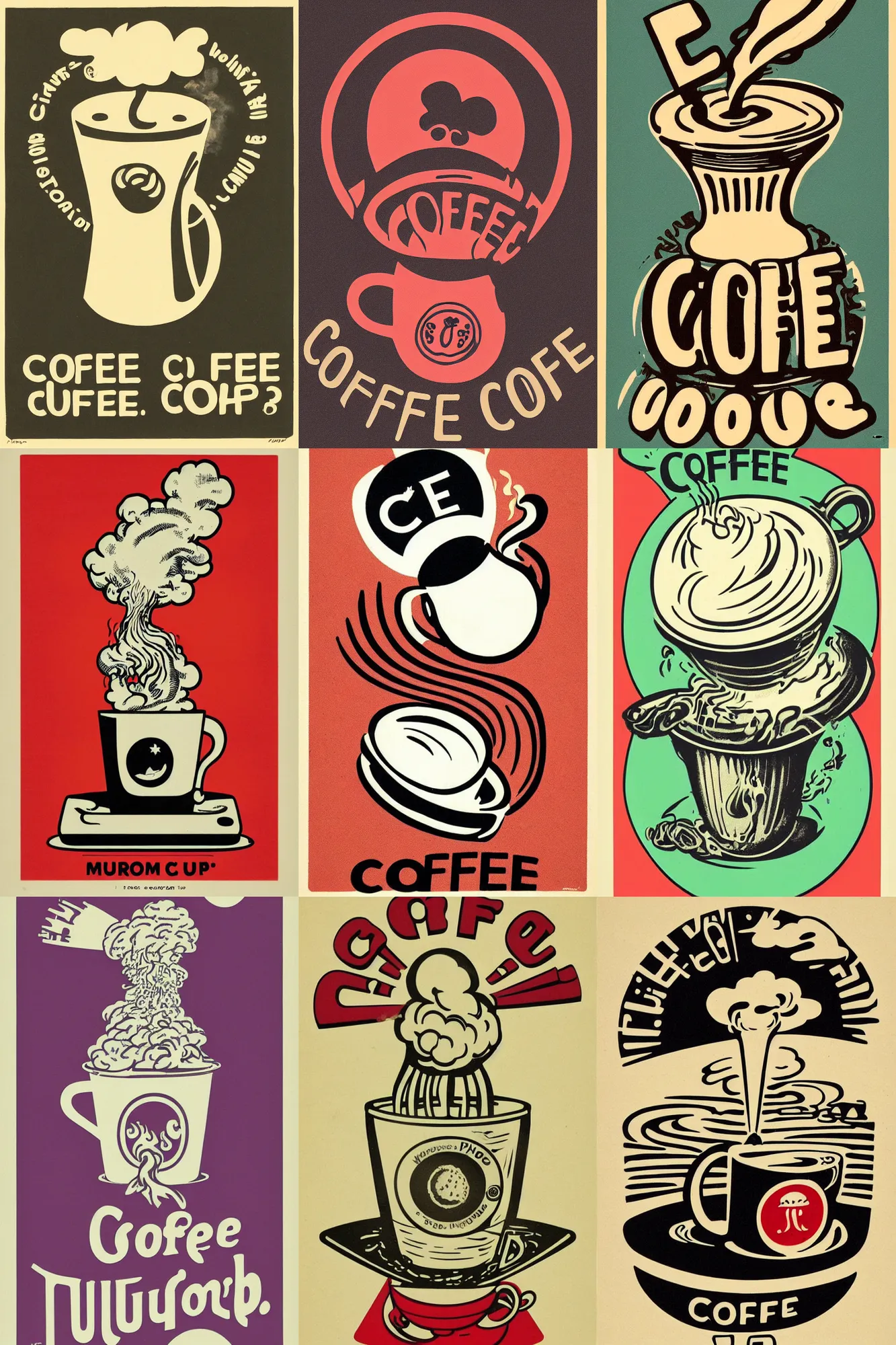 Prompt: coffee logo, featuring a mushroom cloud coming out of a cup, by mcbess, full colour print, vintage colours, 1950s