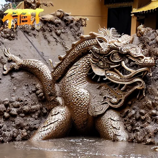 Prompt: golden chinese dragon play in mud