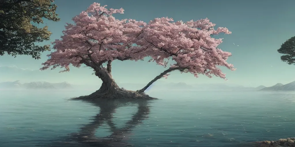 Image similar to a single sakura tree upon a lake, viewed from a distance, stephen bliss, unreal engine, illustration, fantasy art by greg rutkowski, loish, rhads, ferdinand knab, makoto shinkai and lois van baarle, ilya kuvshinov, rossdraws, tom bagshaw, global illumination, radiant light, minimalist, detailed and intricate environment