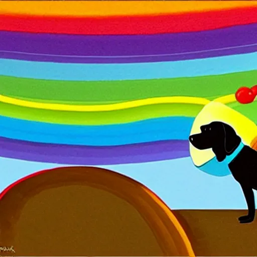 Image similar to adorable cartoon black lab chasing a hotdog across a rainbow bridge, by pixar