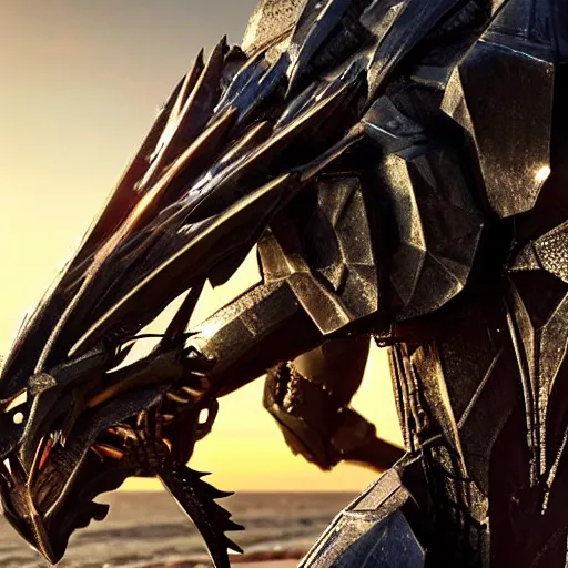 Prompt: chest up shot, realistic detailed stunning beautiful armored humanoid robot anthropomorphic female dragon, looking to the side with an elegant pose of hand on hip, smooth and streamlined armor and design made of steel, sharp claws and sharp teeth, high quality head, Slick LEDs, standing on two legs, on the beach during sunset, high quality, cinematic art, sci fi, sunset lighting, 3D render, 8k, artstation, deviantart, furaffinity