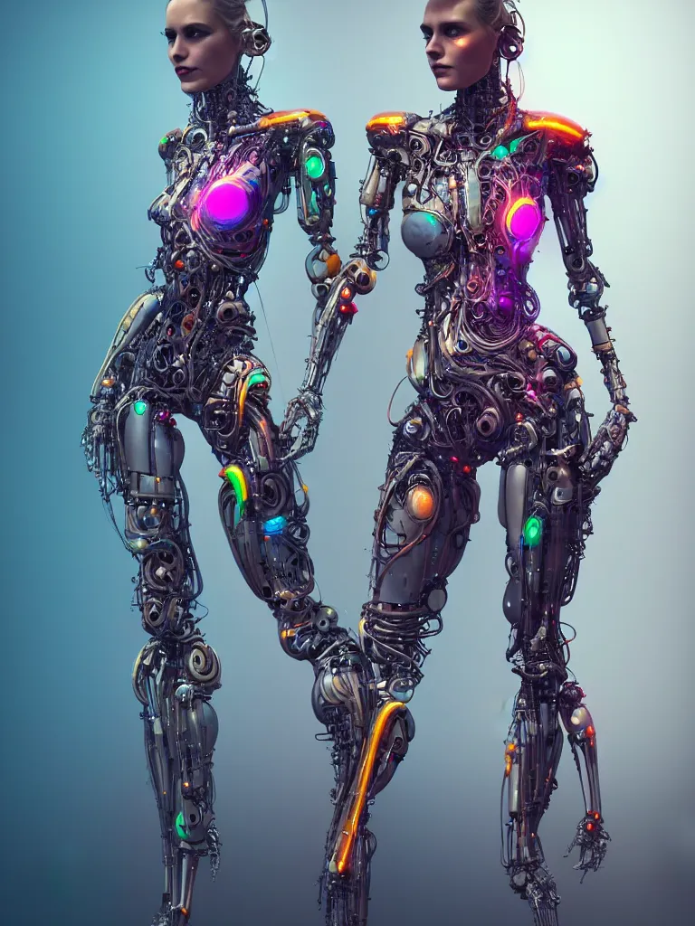Prompt: full lenght shot woman in biomechanical dress, wearing epic bionic cyborg implants of different colors, masterpiece, intricate, biopunk futuristic wardrobe, highly detailed, artstation, concept art, background galaxy, cyberpunk, octane render