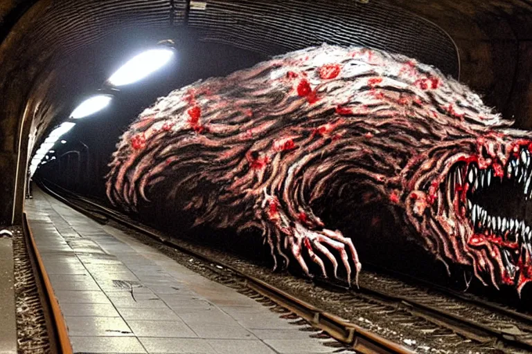 Image similar to very large giant mutant zombie irradiated ( angry rat ) staying on railways in tonnel of moscow subway. tonnel, railways, giant angry rat, furr, fangs, very realistic. extreme long shot, rusty colors, ( herman nitsch, giger ), anish kapoor.