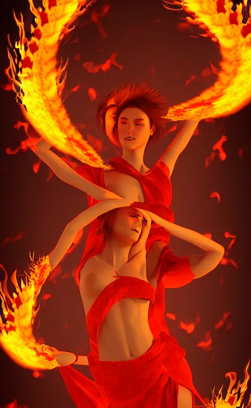 Prompt: women made out of fire dancing in fire, art station, cgsociety, high detail