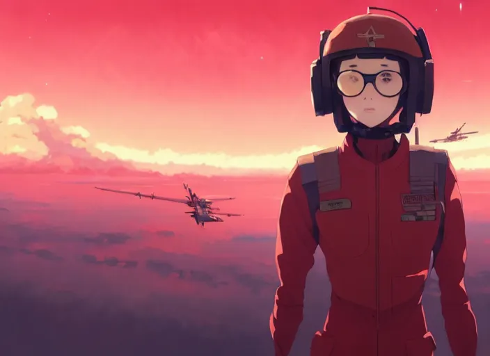 Prompt: portrait of pilot girl talking, red sky background, chaotic landscape, illustration concept art anime key visual trending pixiv fanbox by wlop and greg rutkowski and makoto shinkai and studio ghibli and kyoto animation, red body suit, protective glasses, military gear, red crow 1, grimdark, volumetric lighting
