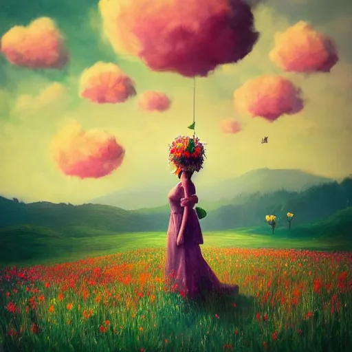 Image similar to girl with a singular flower for a head, surreal photography, dream, standing in flower field, magical, in a valley, sunrise dramatic light, impressionist painting, colorful clouds, artstation, simon stalenhag, flower face