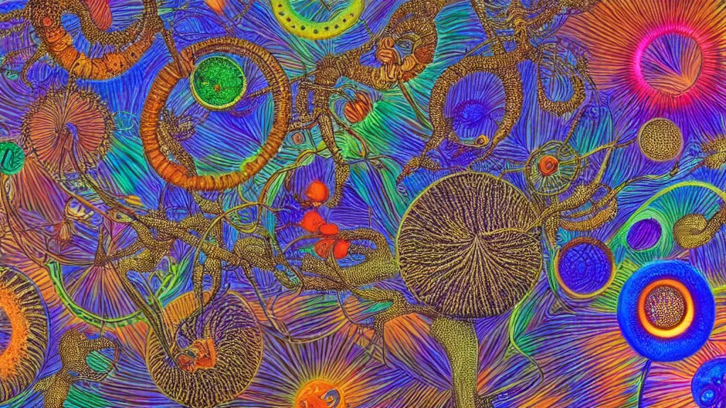 Image similar to quantum connections represented as symbiotic organisms like cells playing around with colorful lights by ernst haeckel, magnetic, chewy