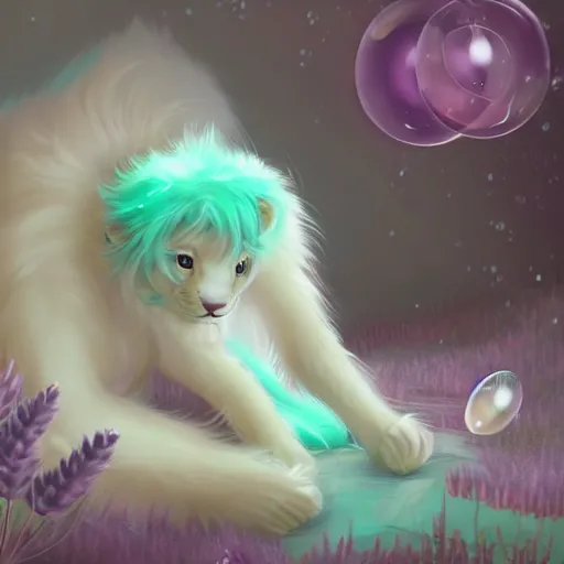 Prompt: aesthetic portrait commission of a albino male furry anthro lion under a lavender bubble filled while wearing a cute mint colored cozy soft pastel winter outfit with pearls on it, winter atmosphere. character design by charlie bowater, ross tran, artgerm, and makoto shinkai, detailed, inked, western comic book art, 2 0 2 0 award winning painting