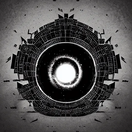 Prompt: tattoo png logo of black hole rising above city, city destroyed by shockwave, black hole with accretion disс, digital art, vector logo, sticker, black and white, art by marc simonetti, zdzisław beksinski, wayne barlow, naranbaatar ganbold